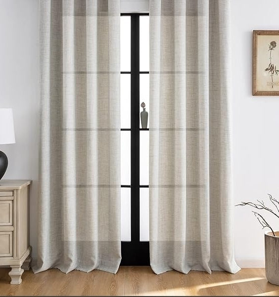 Natural Burlap Style Country Rustic Linen Sheer Curtains with Ruffle Tape (2 Panels)