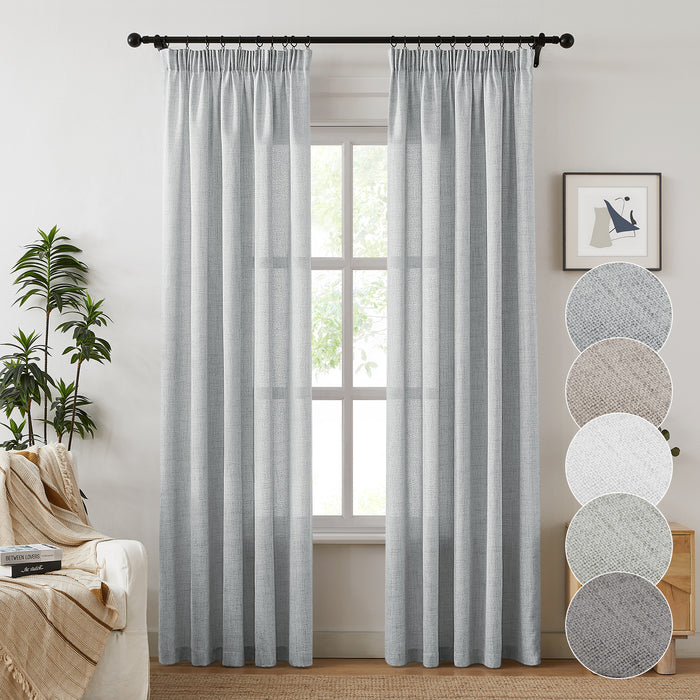 Ruffle Tape Country Rustic Beige Linen Sheer Curtains (2 Panels)