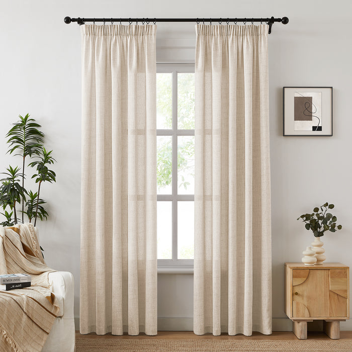 Ruffle Tape Country Rustic Beige Linen Sheer Curtains (2 Panels)