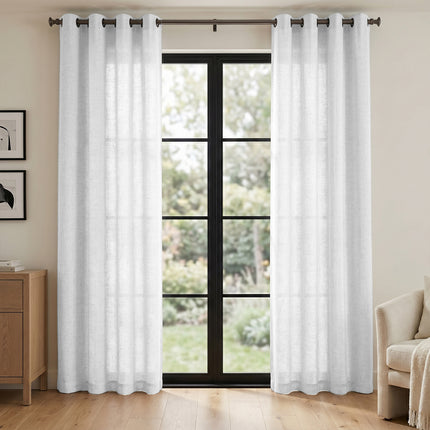 Ruffle Tape Country Rustic Beige Linen Sheer Curtains (2 Panels)