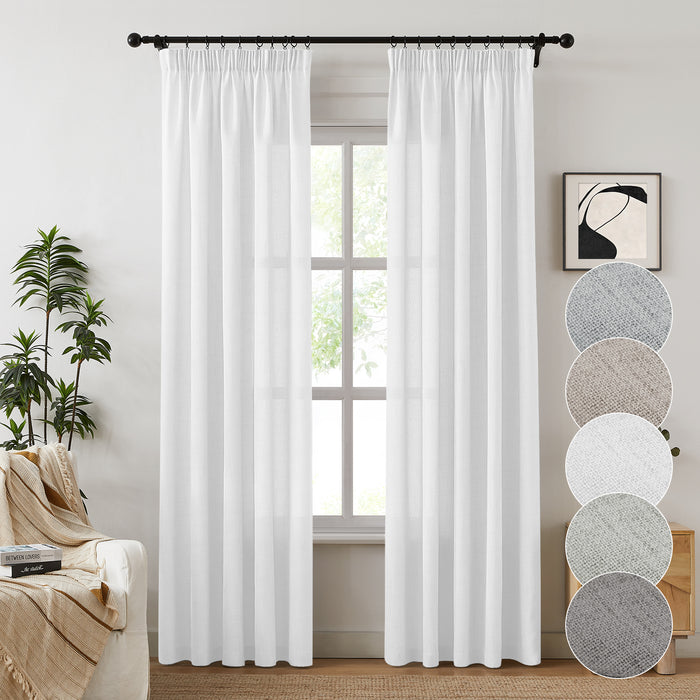 Ruffle Tape Country Rustic Beige Linen Sheer Curtains (2 Panels)